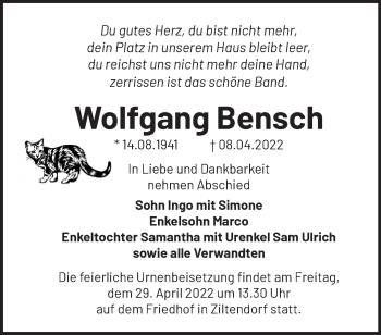 Traueranzeige von Wolfgang Bensch von Märkische Oderzeitung