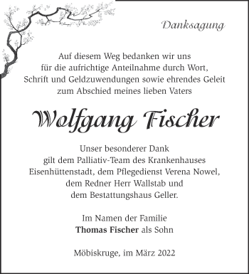Traueranzeige von Wolfgang Fischer von Märkische Oderzeitung