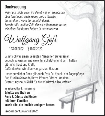 Traueranzeige von Wolfgang Goß von Märkische Oderzeitung