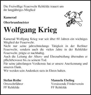 Traueranzeige von Wolfgang Krieg von Märkische Oderzeitung