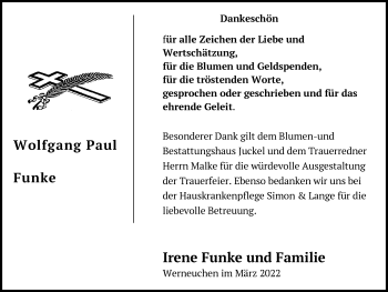 Traueranzeige von Wolfgang Paul Funke von Märkische Oderzeitung