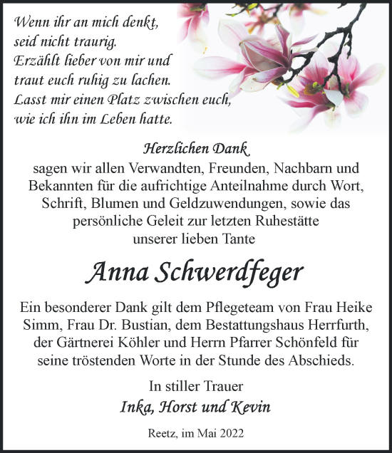 Traueranzeige von Anna Schwerdfeger von Märkische Oderzeitung