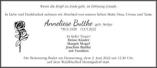 Traueranzeige von Anneliese Buttke von Märkische Oderzeitung