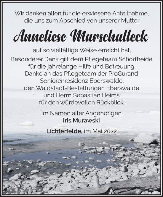 Traueranzeige von Anneliese Marschalleck von Märkische Oderzeitung