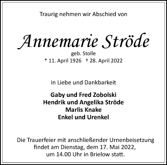 Traueranzeige von Annemarie Ströde von Märkische Oderzeitung