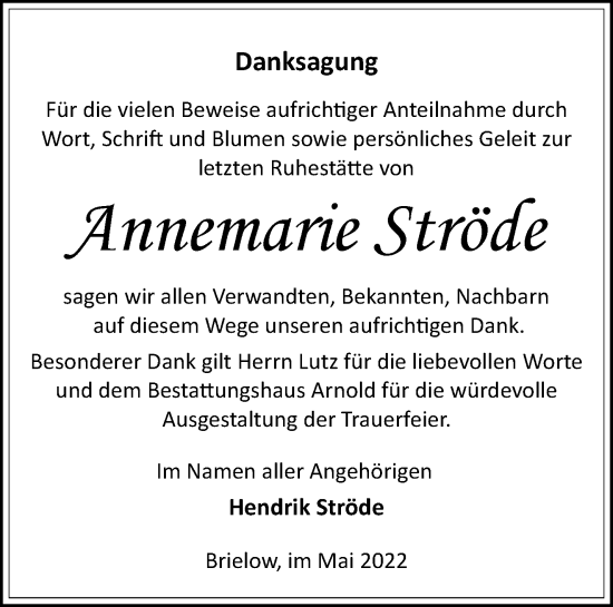 Traueranzeige von Annemarie Ströde von Märkische Oderzeitung