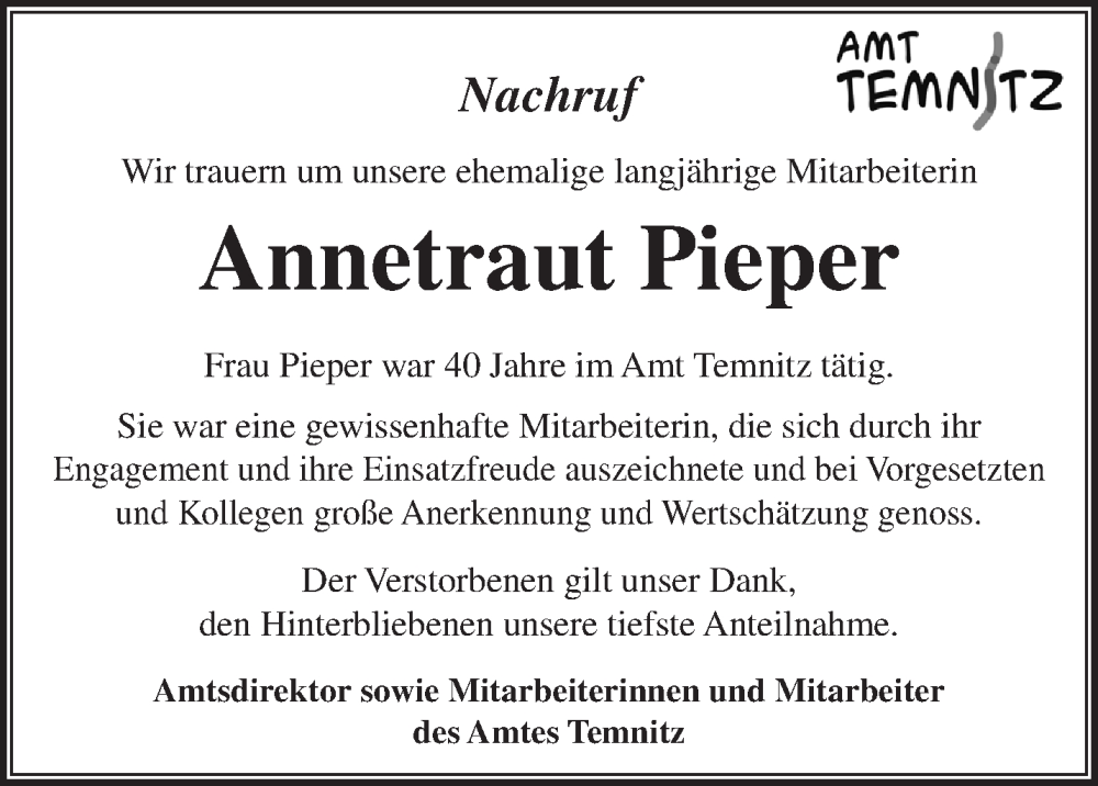  Traueranzeige für Annetraut Pieper vom 14.05.2022 aus Märkische Oderzeitung