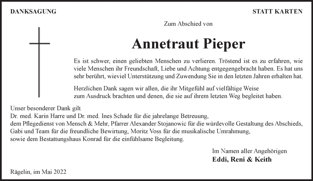  Traueranzeige für Annetraut Pieper vom 28.05.2022 aus Märkische Oderzeitung