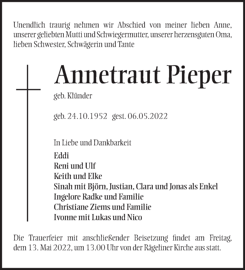  Traueranzeige für Annetraut Pieper vom 11.05.2022 aus Märkische Oderzeitung