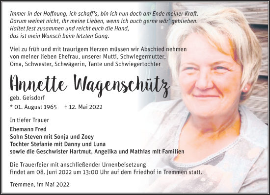 Traueranzeige von Annette Wagenschütz von Märkische Oderzeitung