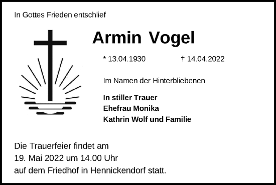 Traueranzeige von Armin Vogel von Märkische Oderzeitung