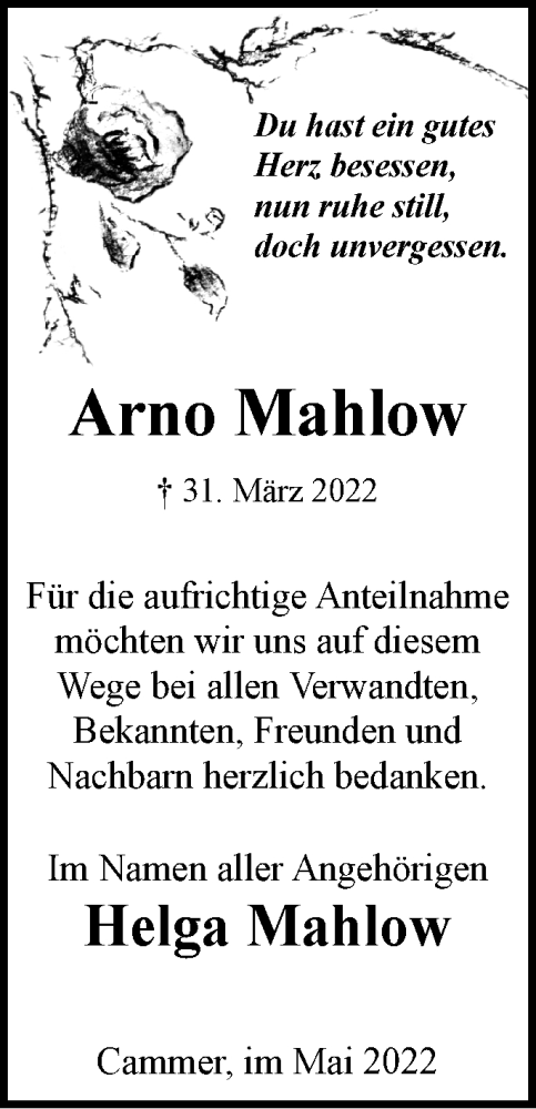 Traueranzeige von Arno Mahlow von Märkische Oderzeitung