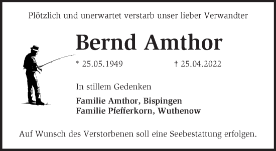 Traueranzeige von Bernd Amthor von Märkische Oderzeitung