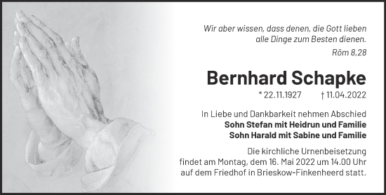 Traueranzeige von Bernhard Schapke von Märkische Oderzeitung