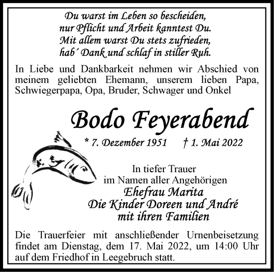 Traueranzeige von Bodo Feyerabend von Märkische Oderzeitung