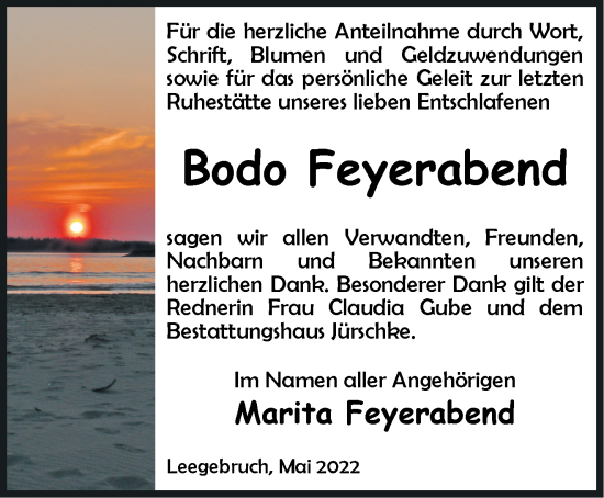 Traueranzeige von Bodo Feyerabend von Märkische Oderzeitung