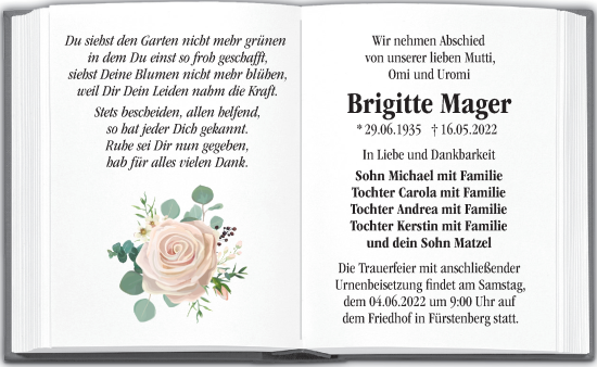 Traueranzeige von Brigitte Mager von Märkische Oderzeitung