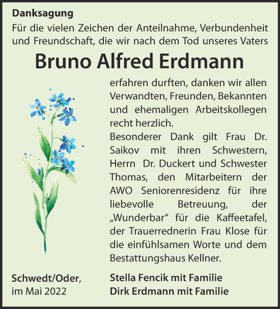 Traueranzeige von Bruno Alfred Erdmann von Märkische Oderzeitung