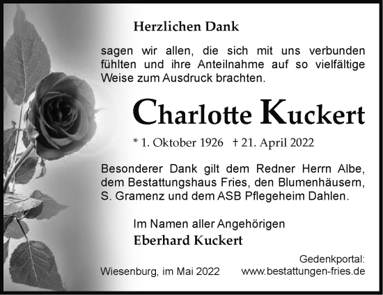 Traueranzeige von Charlotte Kuckert von Märkische Oderzeitung