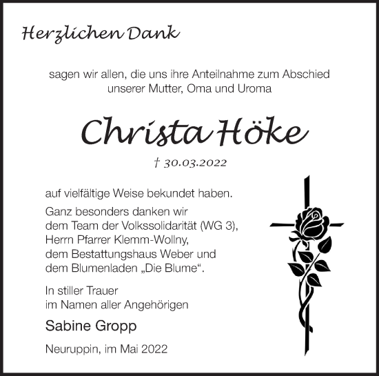 Traueranzeigen Von Christa Höke Märkische Onlinezeitung Trauerportal 