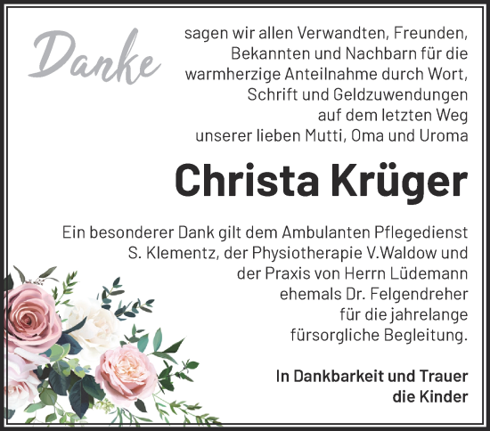 Traueranzeige von Christa Krüger von Märkische Oderzeitung