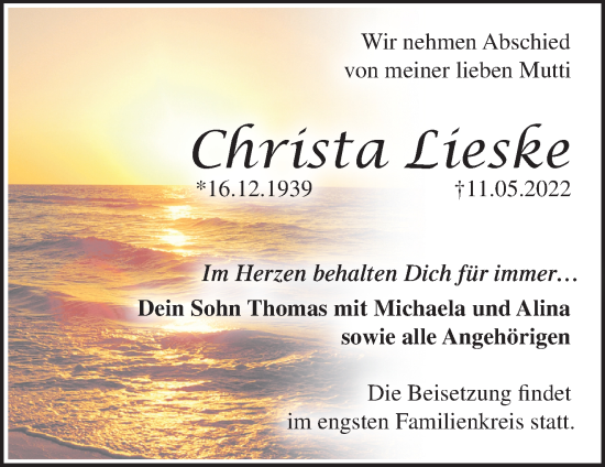 Traueranzeigen Von Christa Lieske Märkische Onlinezeitung Trauerportal 