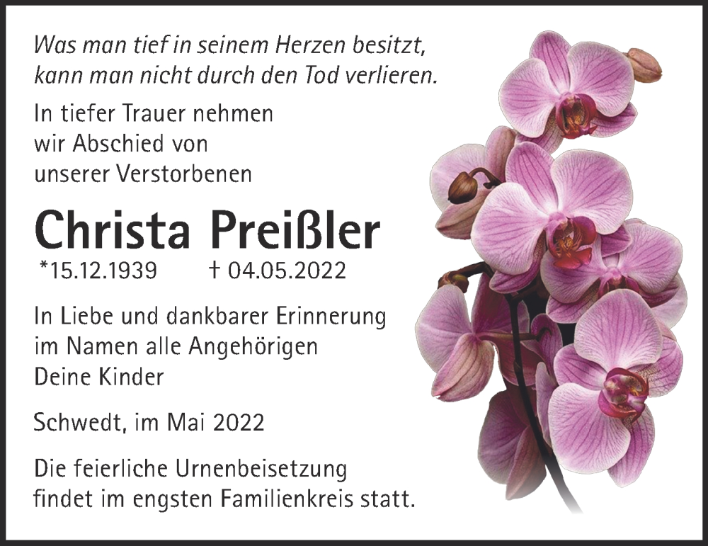  Traueranzeige für Christa Preißler vom 08.05.2022 aus Märkische Oderzeitung