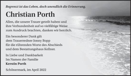 Traueranzeige von Christian Porth von Märkische Oderzeitung