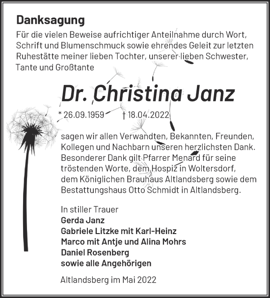 Traueranzeige von Christina Janz von Märkische Oderzeitung