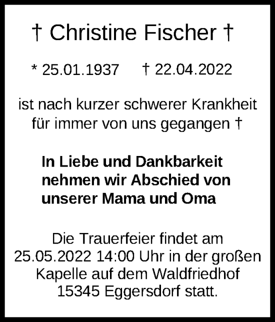 Traueranzeige von Christine Fischer von Märkische Oderzeitung