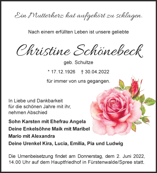 Traueranzeige von Christine Schönebeck von Märkische Oderzeitung