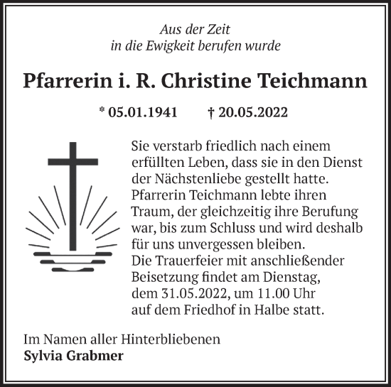 Traueranzeige von Christine Teichmann von Märkische Oderzeitung
