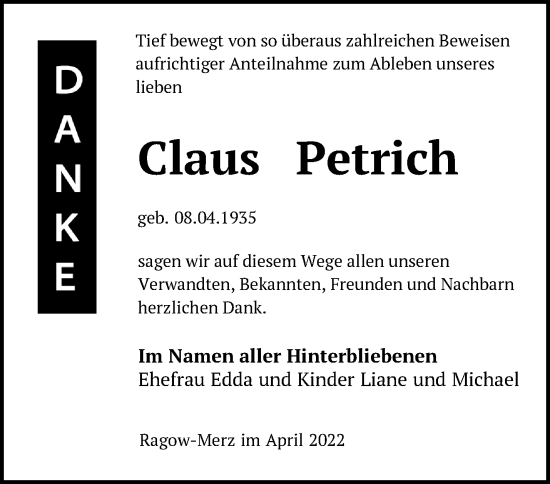 Traueranzeige von Claus Petrich von Märkische Oderzeitung