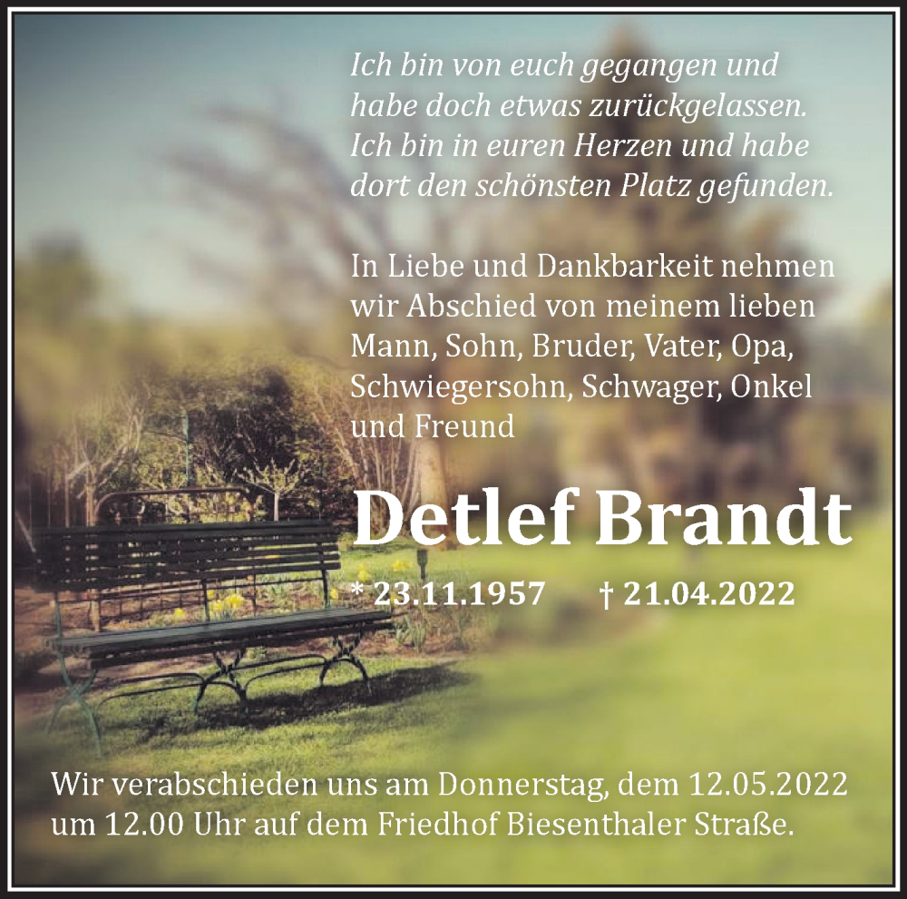  Traueranzeige für Detlef Brandt vom 07.05.2022 aus Märkische Oderzeitung