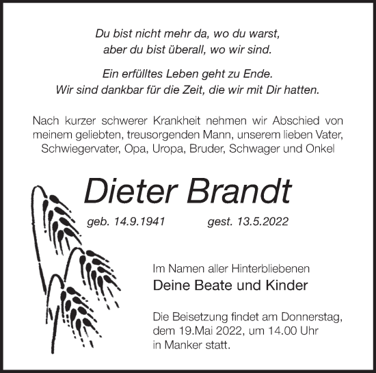 Anzeige Dieter Brandt