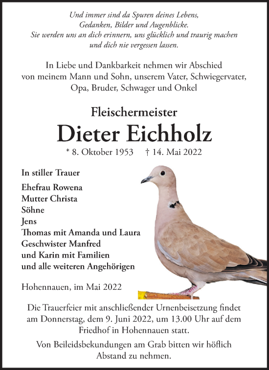 Traueranzeige von Dieter Eichholz von Märkische Oderzeitung