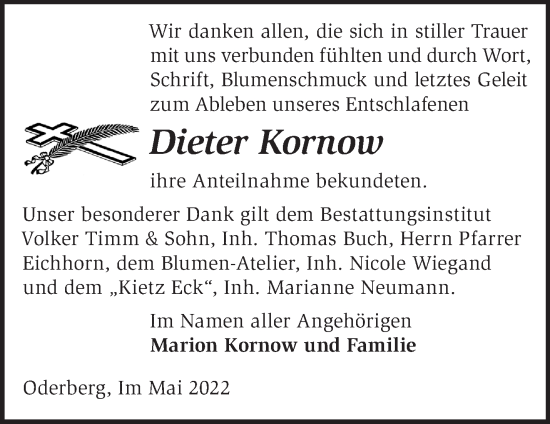 Traueranzeige von Dieter Kornow von Märkische Oderzeitung