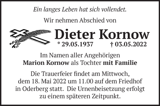 Traueranzeige von Dieter Kornow von Märkische Oderzeitung