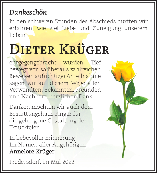 Traueranzeige von Dieter Krüger von Märkische Oderzeitung