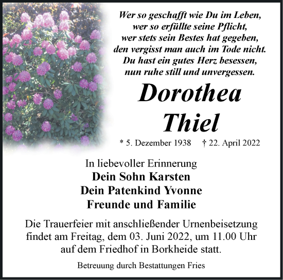 Traueranzeige von Dorothea Thiel von Märkische Oderzeitung