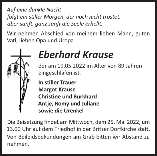 Traueranzeige von Eberhard Krause von Märkische Oderzeitung