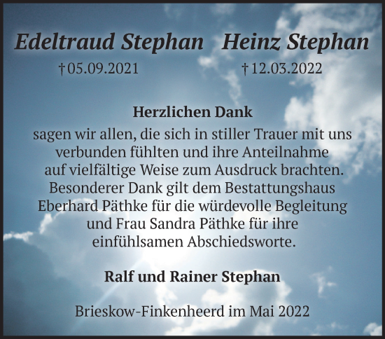 Traueranzeige von Edeltraud und Heinz Stephan von Märkische Oderzeitung