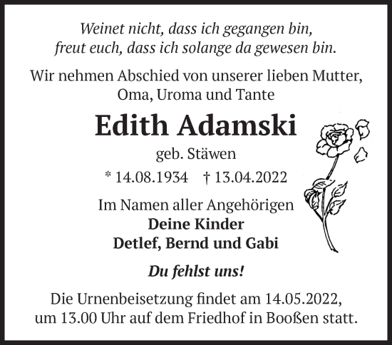 Traueranzeige von Edith Adamski von Märkische Oderzeitung