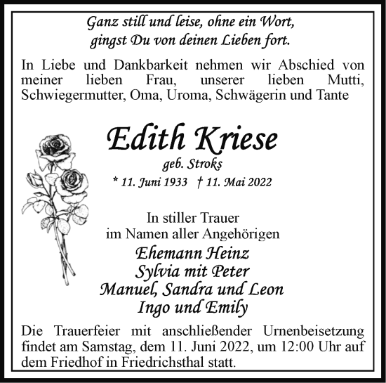 Traueranzeige von Edith Kriese von Märkische Oderzeitung