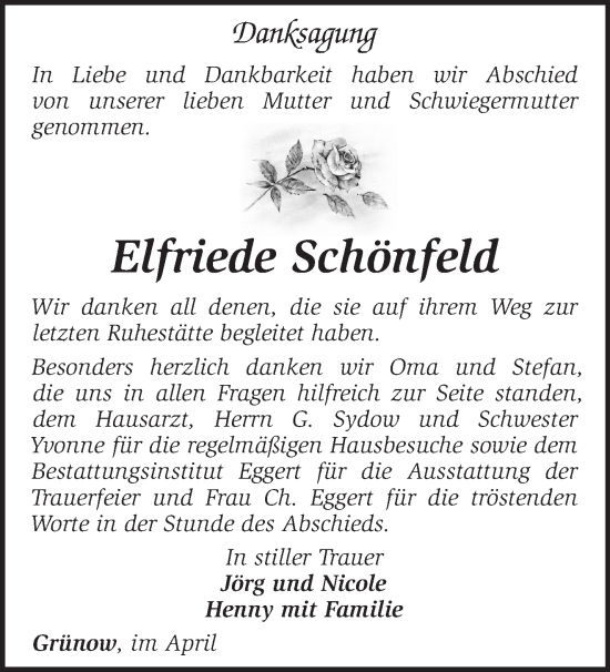 Traueranzeige von Elfriede Schönfeld von Märkische Oderzeitung