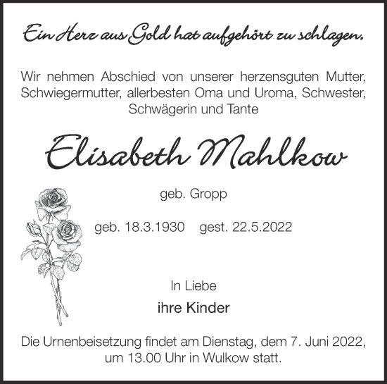 Traueranzeige von Elisabeth Mahlkow von Märkische Oderzeitung