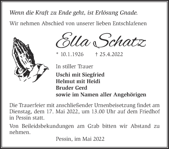 Traueranzeige von Ella Schatz von Märkische Oderzeitung