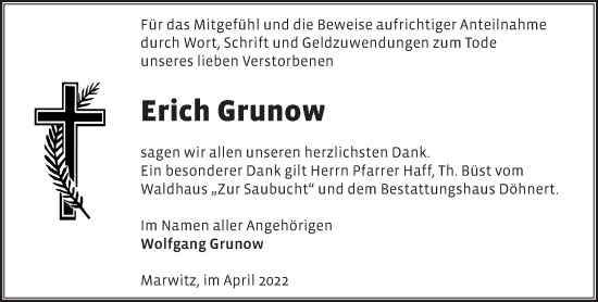 Traueranzeige von Erich Grunow von Märkische Oderzeitung