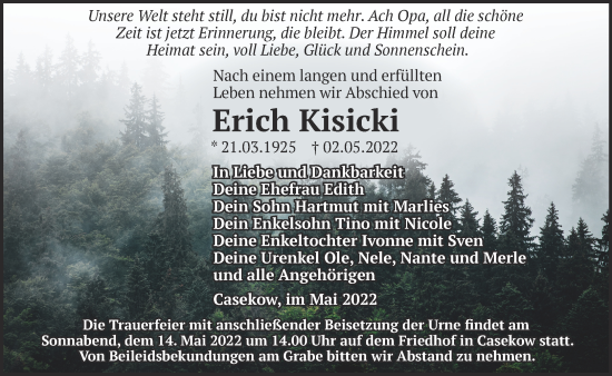 Traueranzeige von Erich Kisicki von Märkische Oderzeitung