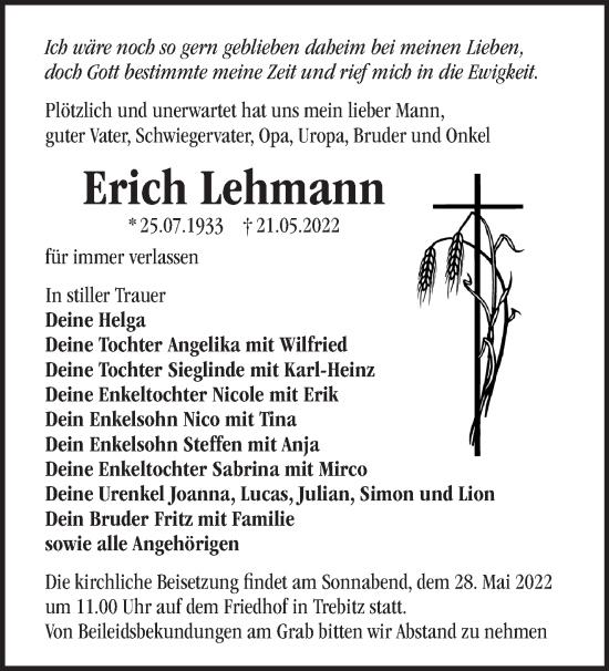 Traueranzeige von Erich Lehmann von Märkische Oderzeitung